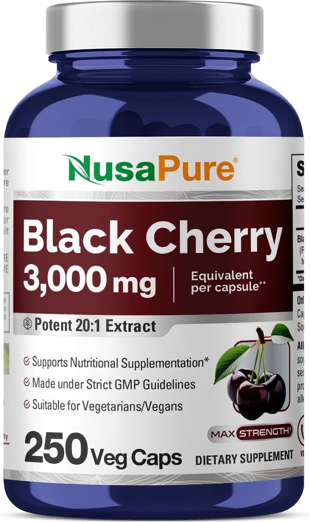 NusaPure の黒いチェリーのエキス 3,000mg 250 Veggie のカプセルの最高の効力、非 GMO、Bioperine