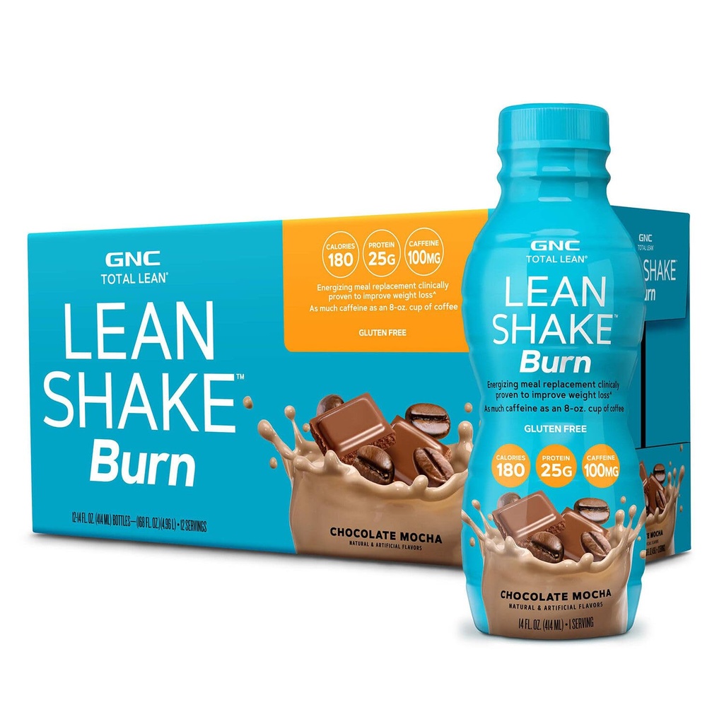 GNC Lean Shake Burn With Caffeine, Meal Replacement, Chocolate Mocha, 25g Protein, Clinically Proven Weight Management, Ready To Drink, Zero Added Sugar, 14 oz Bottles, Pack of 12