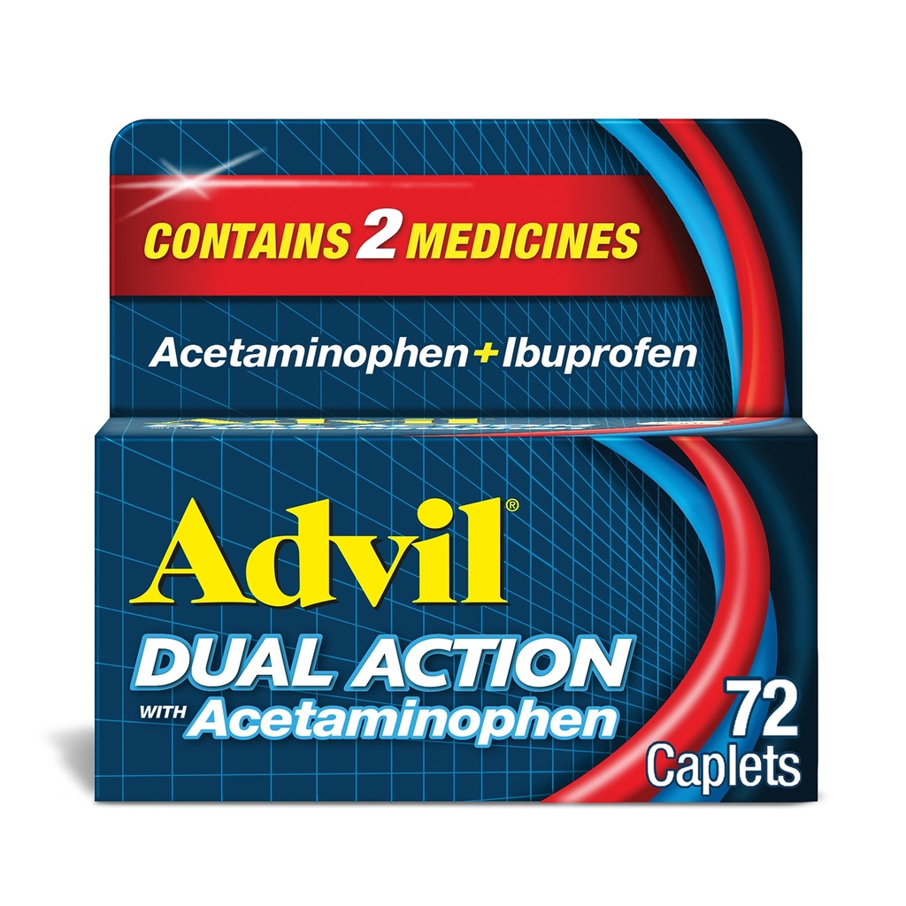 Advilの二重行為は8時間の痛みの軽減のためのアセトアミノフェン、250のMg Ibuprofenおよび500のMgのアセトアミノフェンが付いているカプレットに塗りました- 72の計算