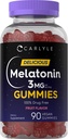 Carlyle Melatonin Gummies 3mg | 90 カウント | フルーツ風味のガーミー サプリメント | 100% 薬の無料サポート | 完全菜食主義者の、非GMO、グルテンフリー