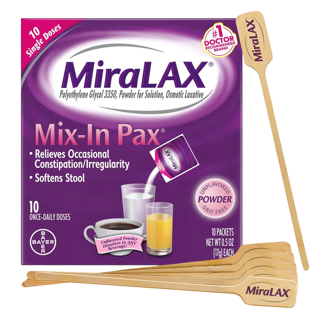 MiraLAX の穏やかな便秘の救助の Laxative の粉、PEG 3350 の腰掛けの軟化剤、粗い側面効果無し、混合の撹拌機、旅行パック、10 の線量が付いている単一の線量の混合のパック