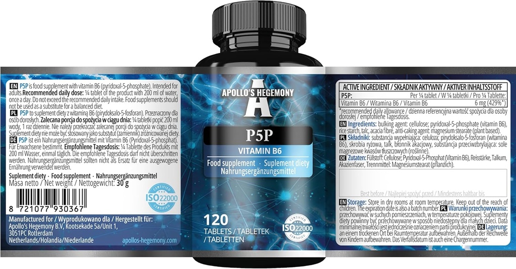 Pyridoxal-5-Phosphate(P-5-P) タブレット1錠あたり50mg - 120ビーガンタブレット - 480のサービングのための供給 - サポートNerveと心理機能 -ビタミンB6ダイエットサプリメント - アポロのヘゲモニー