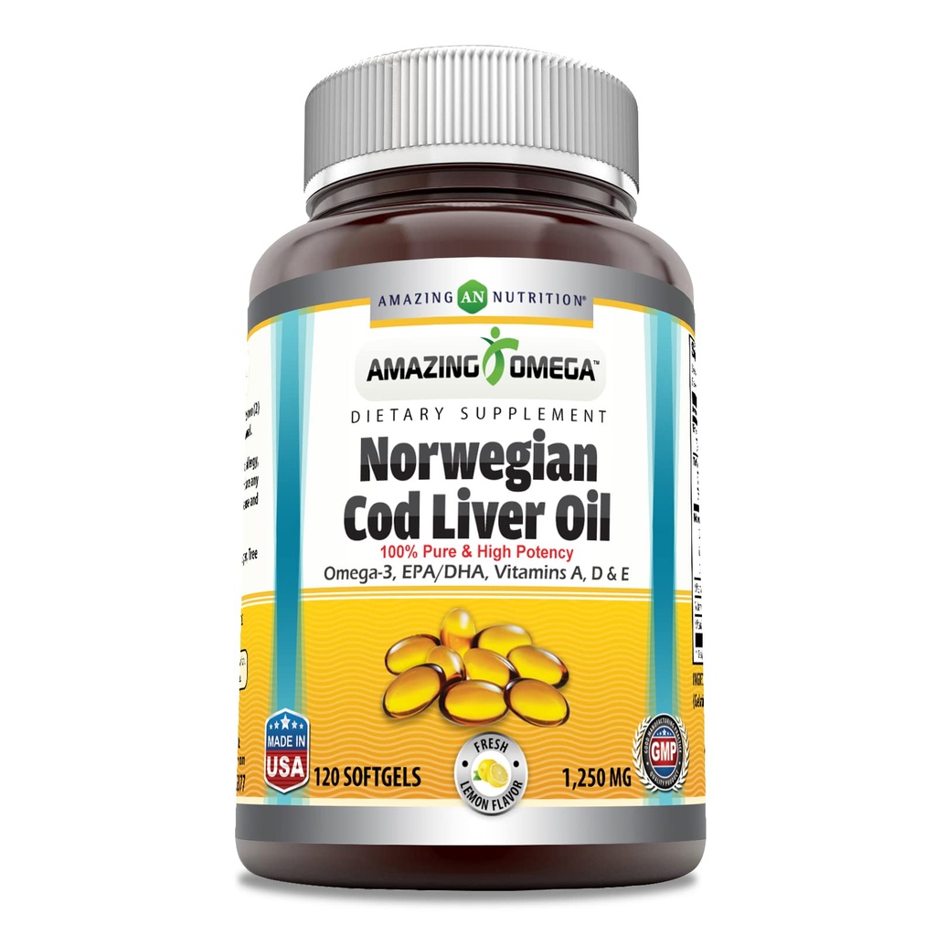 驚くべきオメガノルウェータラ肝油1250 Mg Softgelsサプリメント | Omega-3、EPA、DHA、ビタミンA、ビタミンD&ビタミンE(レモン | 120カウント)
