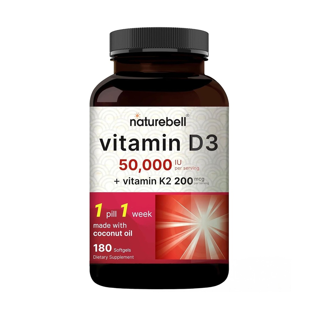 NatureBellビタミンD3 50,000 IU + K2 200 mcg、180 Softgels | ココナッツオイルで一週間のフォーミュラ | 最大強度骨、心臓と免疫のサポート | MK-7 フォーム | 非GMO