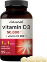 NatureBellビタミンD3 50,000 IU + K2 200 mcg、180 Softgels | ココナッツオイルで一週間のフォーミュラ | 最大強度骨、心臓と免疫のサポート | MK-7 フォーム | 非GMO