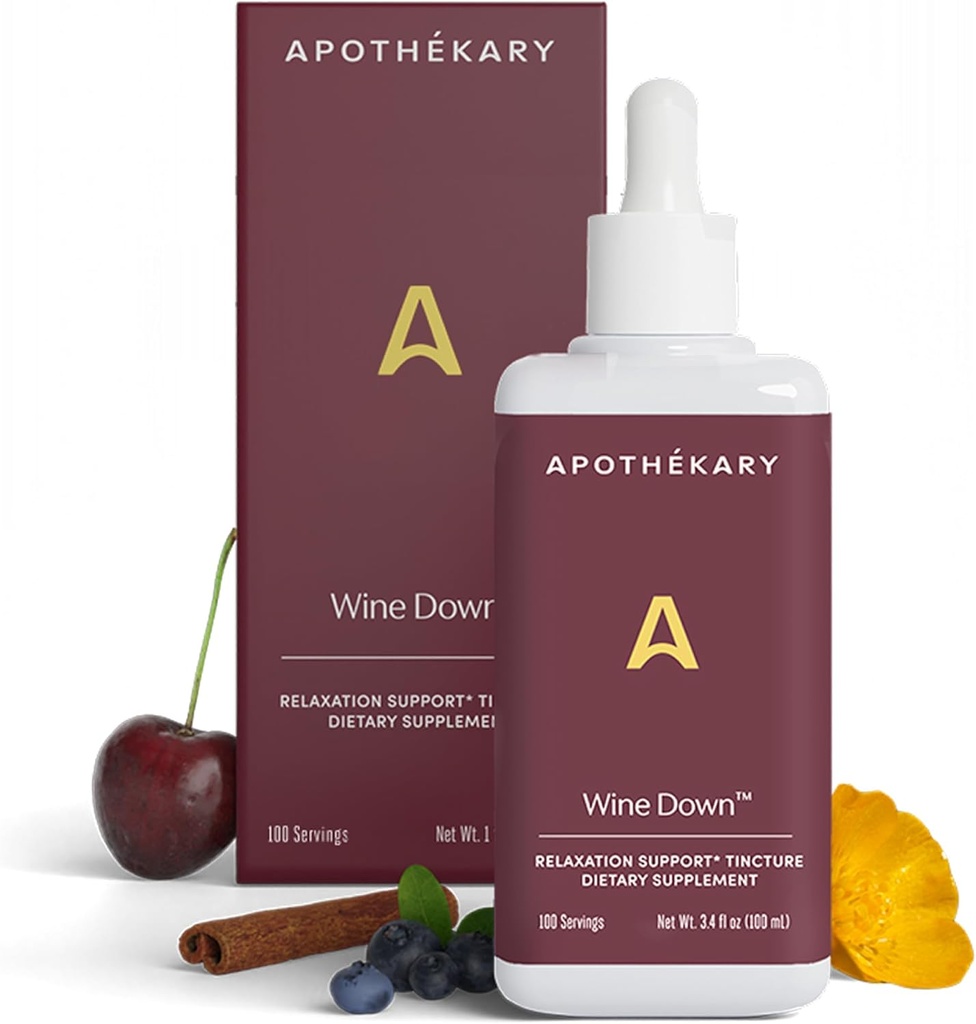 Apothékary Wine Down, Natural Sleep and Relaxation Support, アルコールフリー・レッド・ワイン・インスパイア・ハーブ・ドロップ, Blue Vervain, Tart Cherry, カリフォルニア・ポピー, 4 オンス, 100 サービング