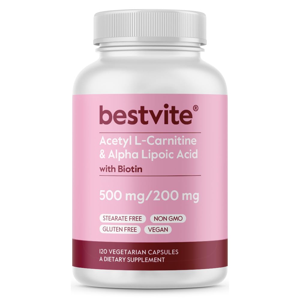 BESTVITEアセチルL-カルニチン500mg&バイオチン(120のベジタリアンカプセル)とカプセルあたりアルファリポ酸200mg - いいえステアリン - ビーガン - 非GMO -グルテンフリー