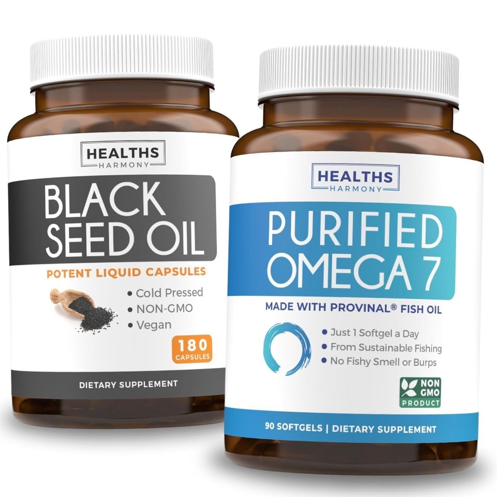 Omega 7 Softgels & ブラックシードオイル(3ヶ月の供給)オメガGlowブレンドバンドル - 精製オメガ7 Softgels(90 Softgels) Provinal Peruvian Anchovyとブラックシードオイル(180カプセル)冷圧油