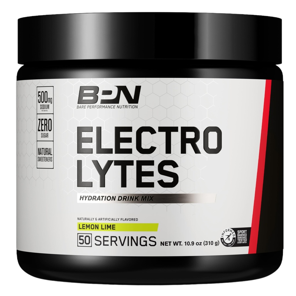 BARE PERFORMANCE NUTRITION BPN Electrolytes Hydration Drink Mix | 砂糖フリー電解液パウダー | 給食用500mg ナトリウム | 自然に甘く | レモンライム, 50 サービング