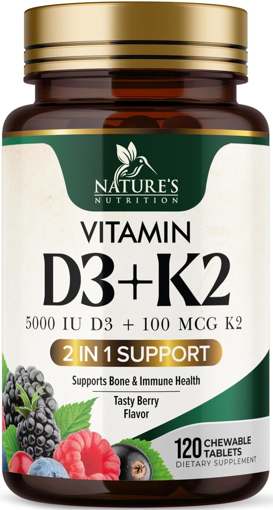 ビタミンD3 K2サプリメント | 5000 IU D3 + K2 100 mcg | ビタミンDによるMK-7 K2 | 免疫、心、歯、骨の健康をサポート - 自然は咀嚼、VIT D3 K2、非GMO、おいしい味 - 120錠