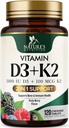 ビタミンD3 K2サプリメント | 5000 IU D3 + K2 100 mcg | ビタミンDによるMK-7 K2 | 免疫、心、歯、骨の健康をサポート - 自然は咀嚼、VIT D3 K2、非GMO、おいしい味 - 120錠