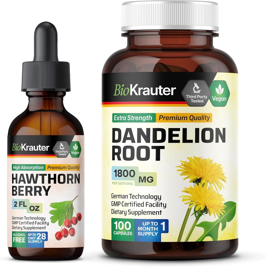 BIO KRAUTER Hawthorn Tincture 2 Fl. Oz. & Dandelion 100カプセル
