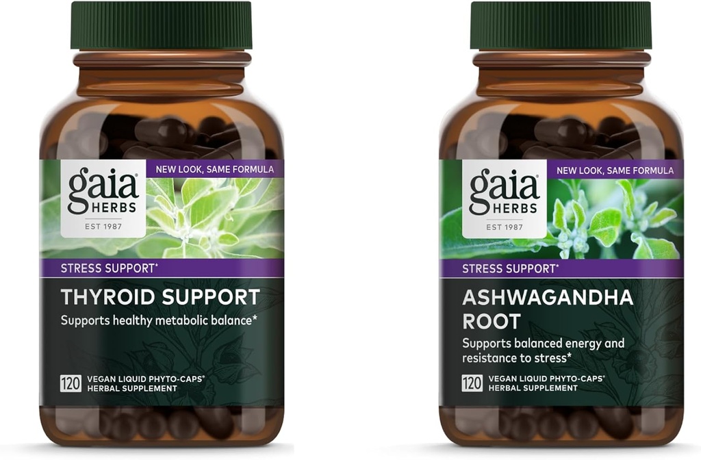 Gaia Herbs Ashwagandha Root - Made with Organic Ashwagandha Root - 120 Vegan Liquid Phyto-Capsules & Thyroid Support - Support Healthy Metabolic Balance and Overall Well-Being - 120 Vegan Liquid Phyto