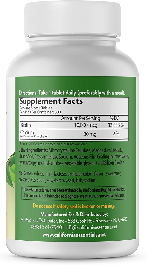 カリフォルニアエッセンシャルビオチン 10000mcg | ビタミンB7は健康な皮、毛及び釘の成長を促進します | 男性及び女性のための高い効力の食事療法の補足 | 非GMO、ビーガン、グルテンフリー及び酪農場(300のタブレット)