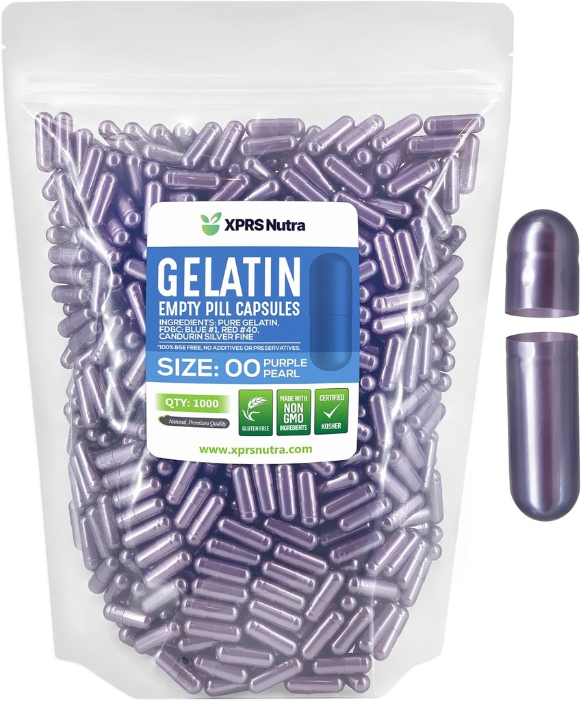 XPRS Nutra Size 00 Empty Capsules - 1000 Count Empty Gelatin Capsules - Pills DIY Capsule Filling - Fillable Pill Gel Caps for DIY Supplements (Purple Pearl)