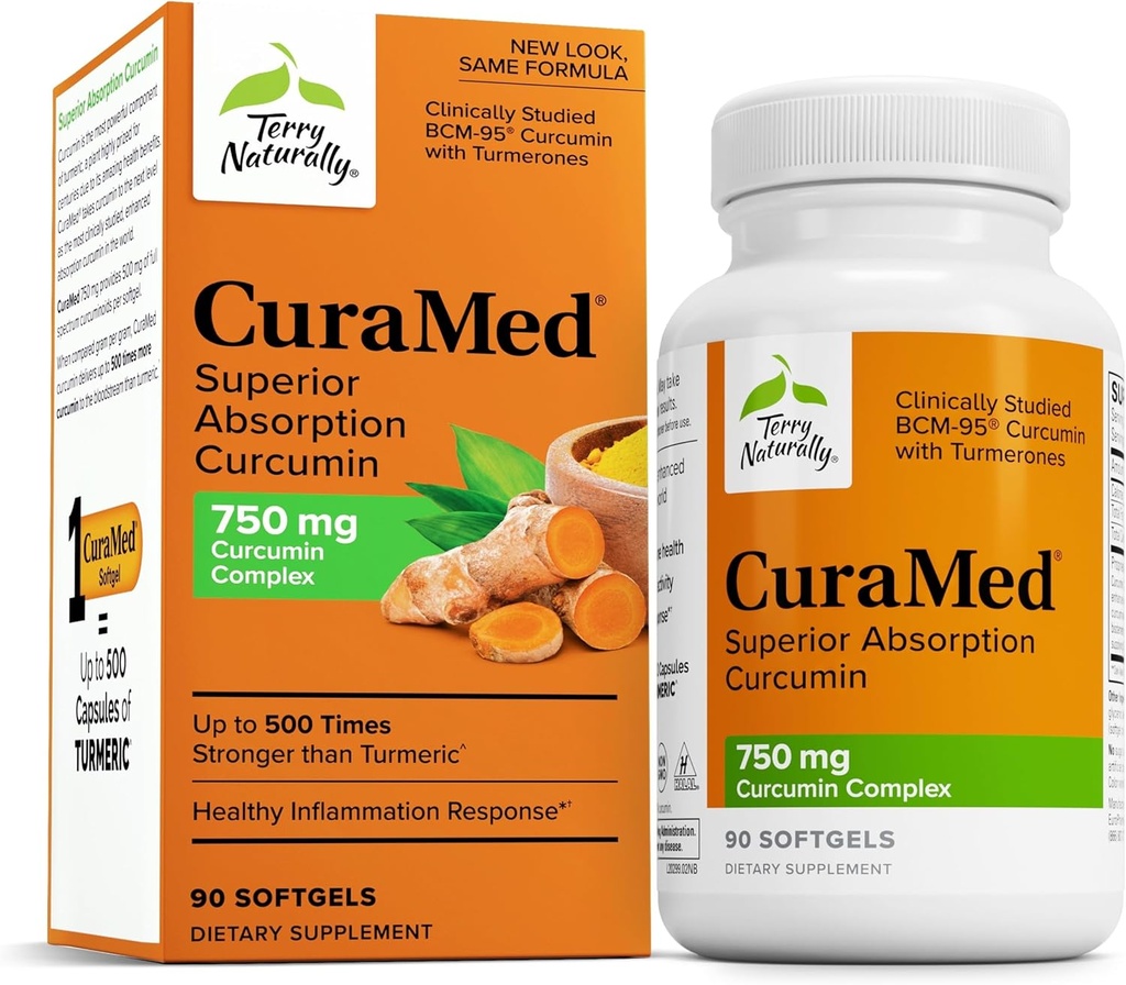 Terry Naturally CuraMed 750mg - Antioxidant Supplement for Brain & Heart Health Support - Dietary Supplement with High-Potency Curcumin Complex - Kidney, Liver & Immune Health Support - 90 Softgels