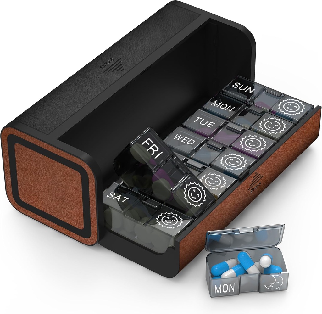 ピルオーガナイザーウィークリー、7日間の革薬箱旅行容器ビタミンAm Pm Pillケース、Twice毎日のプライバシーピルホルダー、モダンでポータブルピルボックス(黒と茶色)