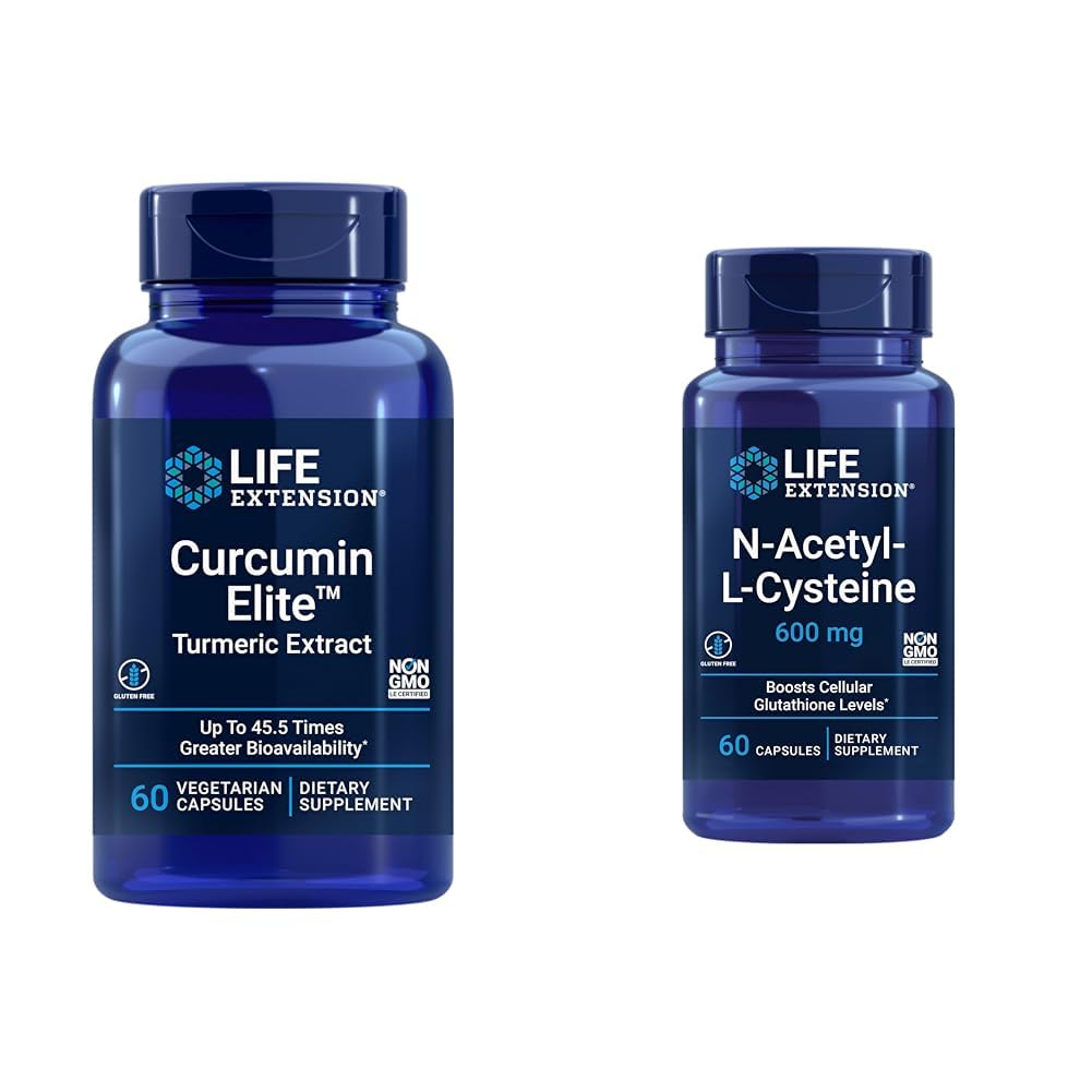 ライフエクステンションクルクミンエリートターメリックエキス&Nアセチル-L-Cysteine(NAC)、免疫、呼吸器、肝臓の健康、NAC 600mg、強力な抗酸化サポート、フリーラジカル、吸収しやすい、60カプセル