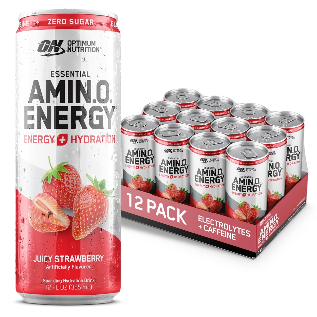 最適栄養アミノエネルギースパークリング水分補給ドリンク、電解液、カフェイン、アミノ酸、BCAA、砂糖フリー、ジューシーイチゴ、12 Fl Oz、12パック(5月パッケージ)