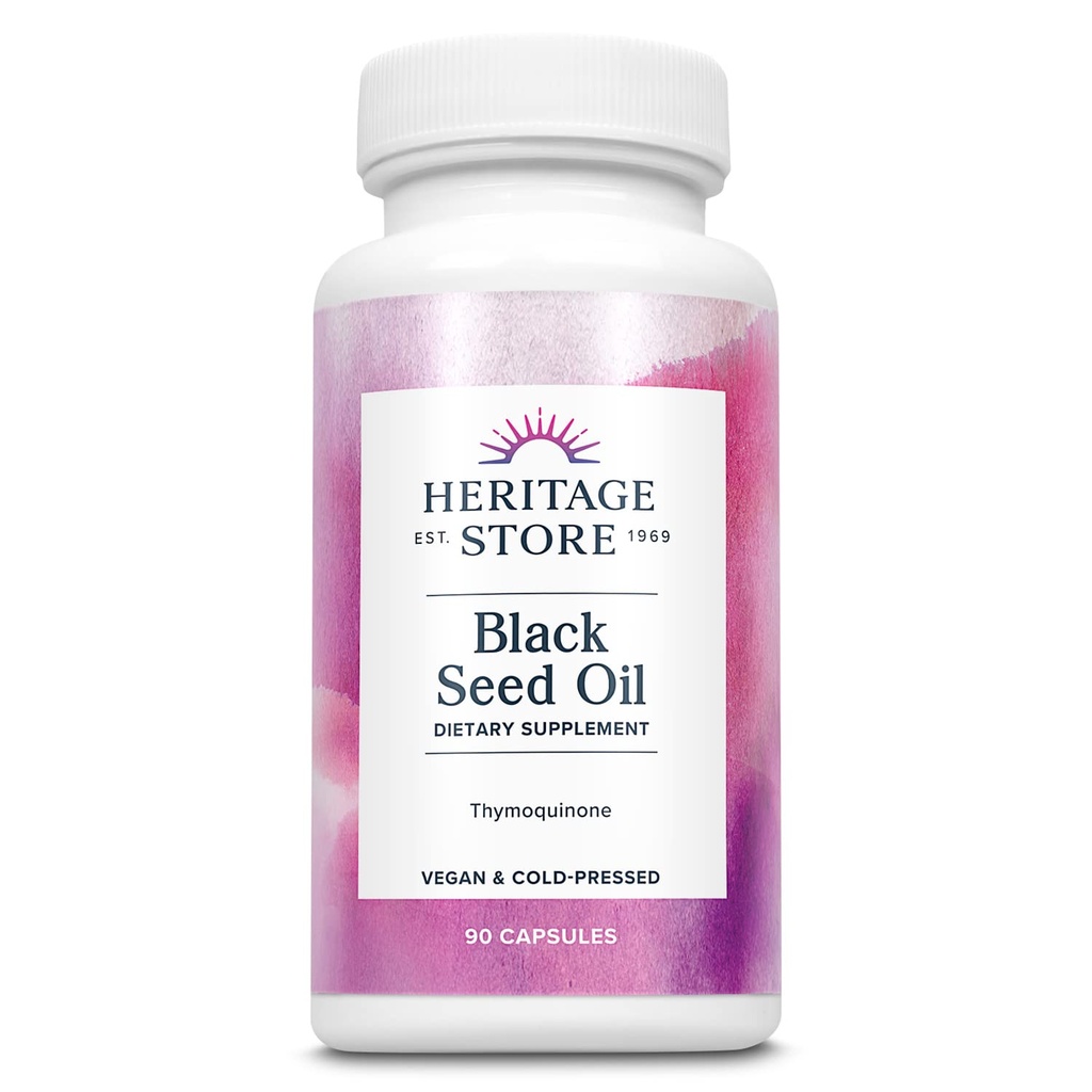 HERITAGE STORE Black Seed Oil Liquid Capsules 650mg, Nigella Sativa Oil Supplement with Thymoquinone, Omega 3 6 9, 酸化防止剤, コレステロール, 消化器, ジョイント&免疫サポート*, 完全菜食主義者の, 45 サーブ, 90ct