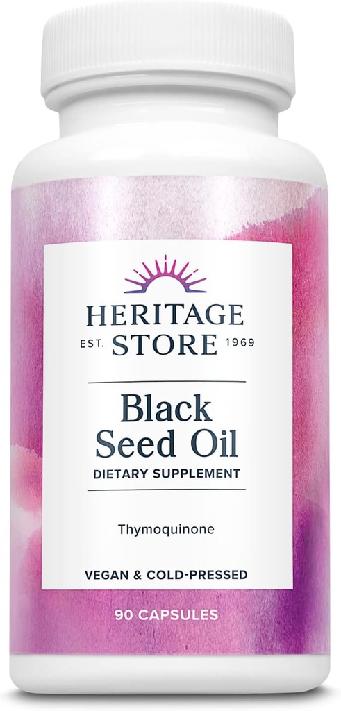 HERITAGE STORE Black Seed Oil Liquid Capsules 650mg, Nigella Sativa Oil Supplement with Thymoquinone, Omega 3 6 9, 酸化防止剤, コレステロール, 消化器, ジョイント&免疫サポート*, 完全菜食主義者の, 45 サーブ, 90ct