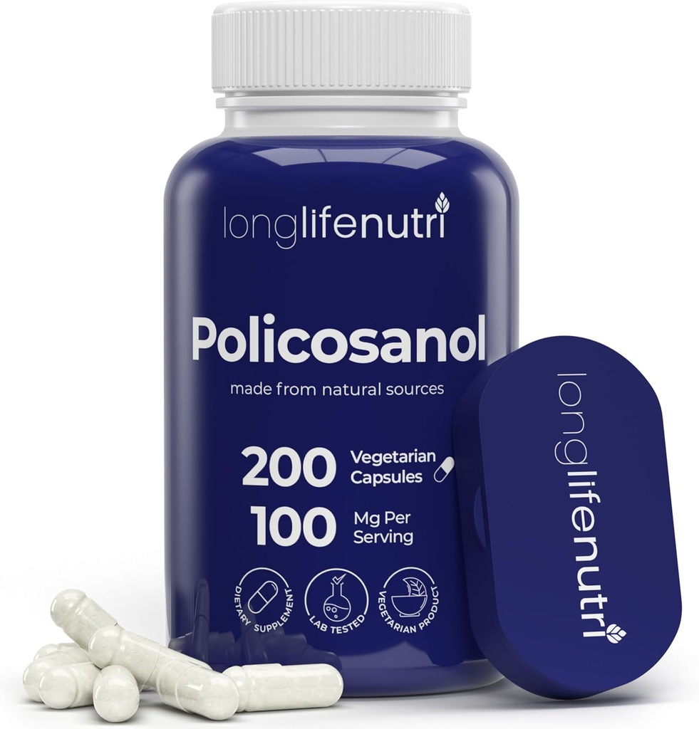LongLifeNutri Policosanol 100mg - 200ベジタリアンカプセル、バランスの取れたコレステロールのための自然な砂糖の杖の補足、3ヶ月の供給、非GMO、米国で作られたテストされる実験室