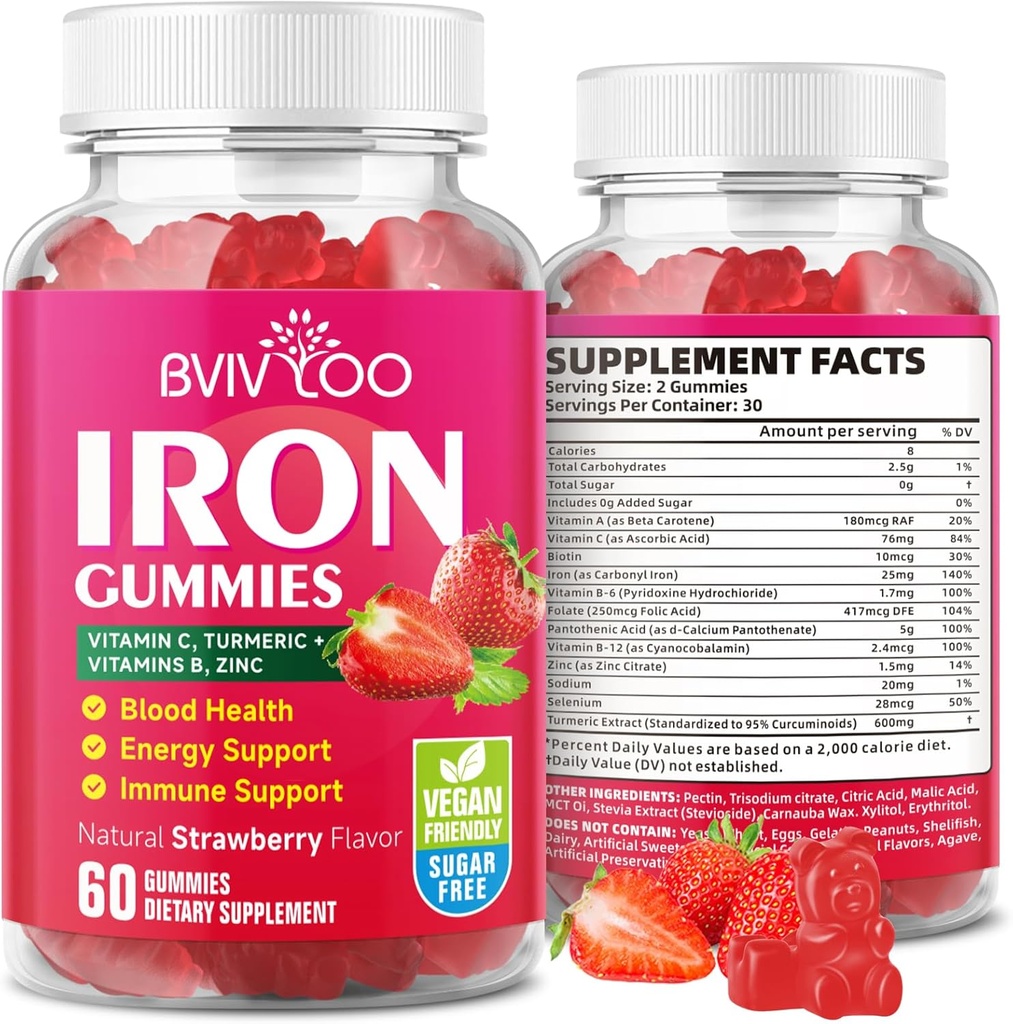 Vegan Iron Gummies for Adults & Kids - with Vitamin C, A, B-Complex, Folate, Zinc, and Biotin - for Blood Building & Energy Support, 60 Gummies