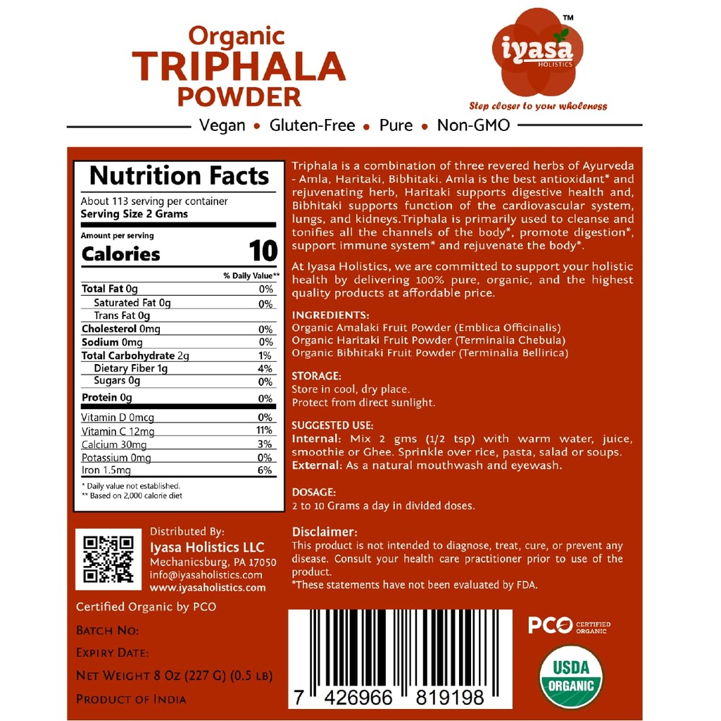 Iyasa Holisticsの有機性 Triphalaの粉、Ayurvedaのスーパーフード、自然なボディDetoxの溶接の洗剤、Herbal Laxativeの8 Ounce 226グラム