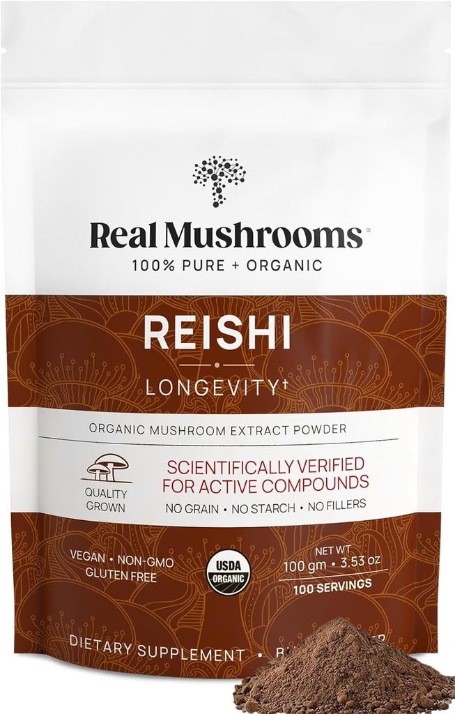 Real Mushrooms Reishi Mushroom Powder - Handpicked Organic Mushroom Extracts - Red Reishi for Tranquil Daily Wellness with Verified Beta Glucans Vegan, Non-GMO, No Grain Fillers, 100 Servings