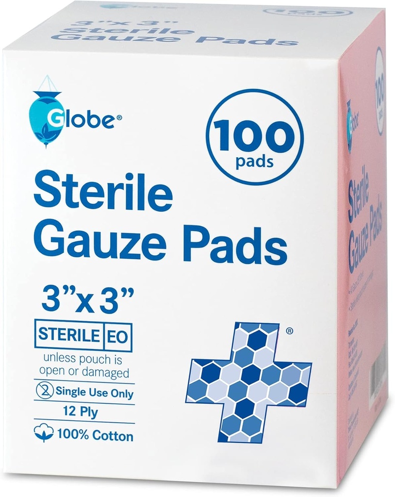Globe 3" x 3"高度の生殖不能のガーゼ パッド、個別に詰められる100-Pack - 傷の心配のための12層の綿、家及び緊急の使用のための高吸収性の包帯-旅行及び救急処置のキットの本質