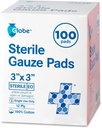 Globe 3" x 3"高度の生殖不能のガーゼ パッド、個別に詰められる100-Pack - 傷の心配のための12層の綿、家及び緊急の使用のための高吸収性の包帯-旅行及び救急処置のキットの本質
