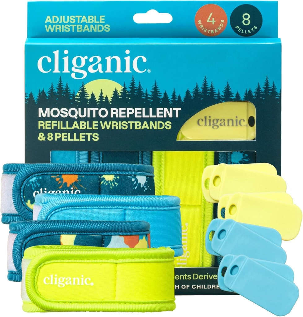 Cliganic Mosquito Repellentのパック(リストバンド+ 8の詰め物の餌) - 調節可能で、自然なDEETなしの精油の注入される