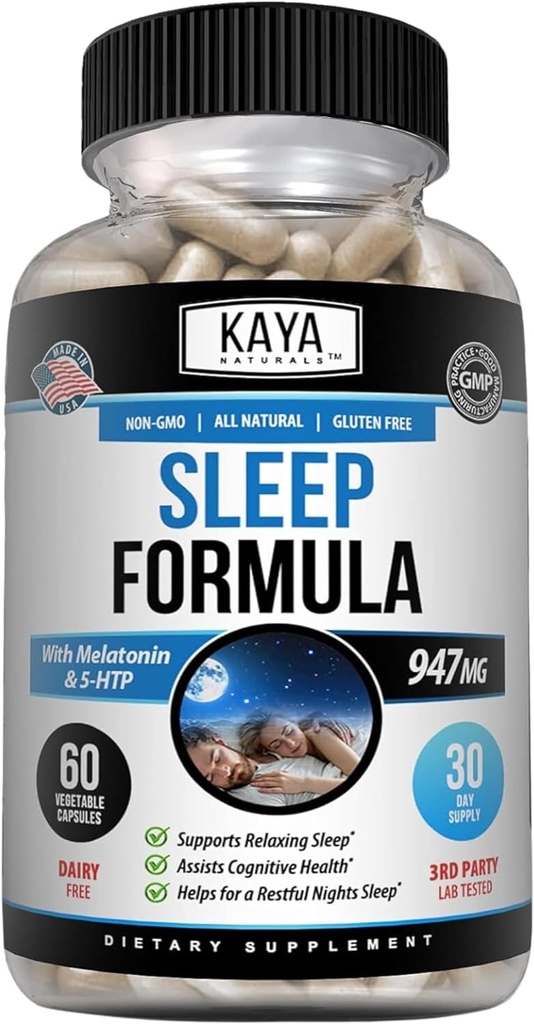 Kaya Naturals - Melatonin - Aidサポートビタミンサプリメント - 睡眠ストレスと気分のサポート - L-Tryptophan、パッションフラワー、アッシュワガンダ、その他 - 60カプセル(60カウント)