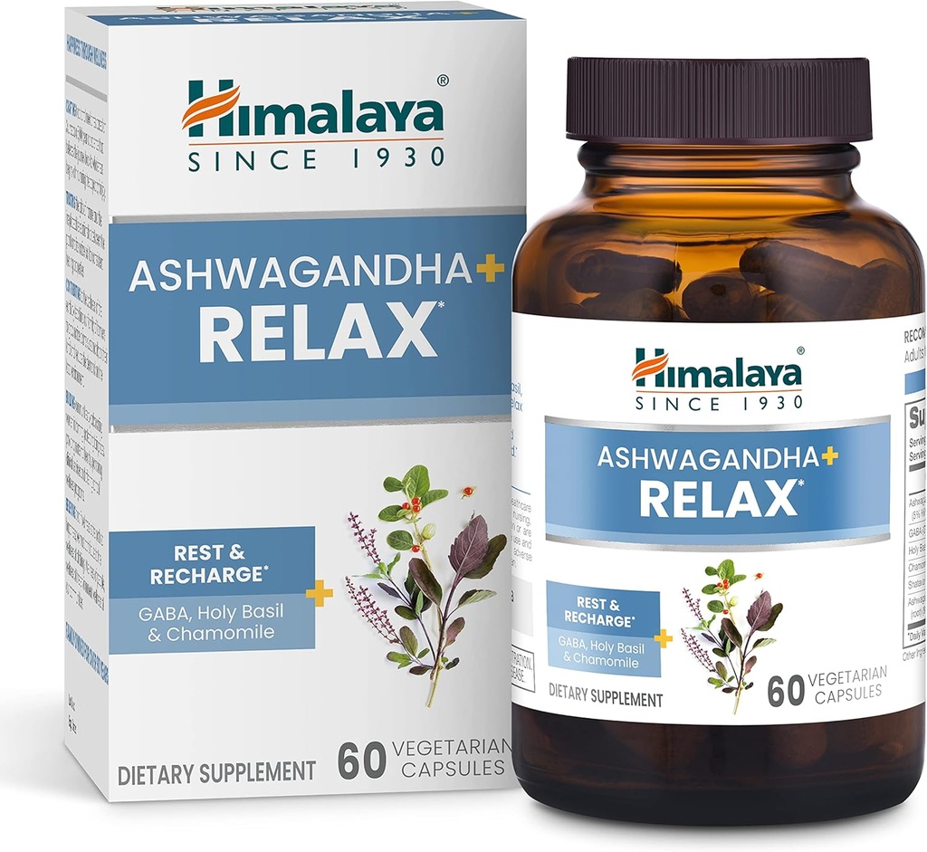 Himalaya Ashwagandha+ リラックス, GABAと, リセットのための聖バジル & ストレス救済, ビーガン, グルテンフリー, 540 mg, 60 ベジタリアンカプセル, 1 ヶ月の供給