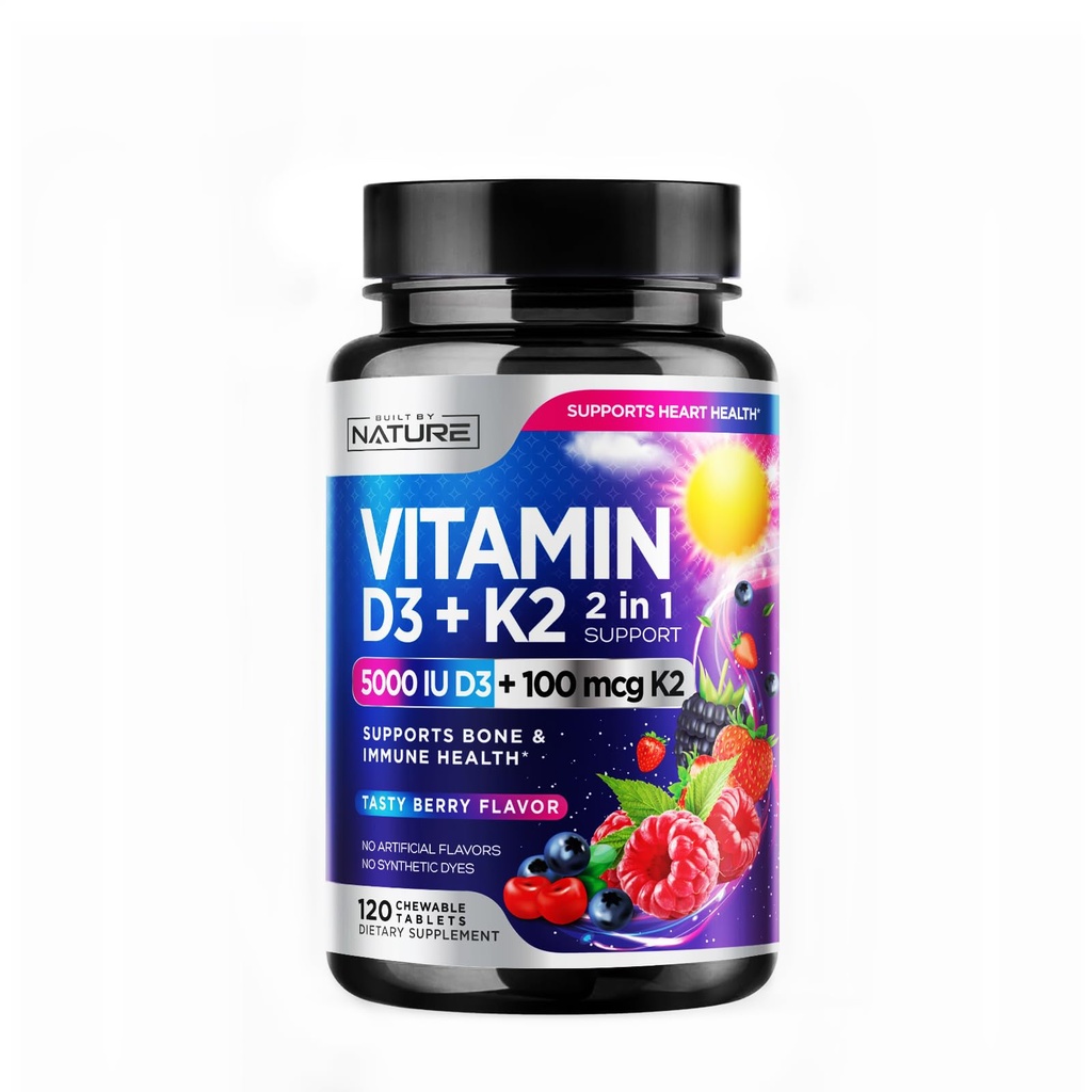 ビタミンD3 K2 - ChewableビタミンD 5000 IU&K2 MK-7 100 mcg - 1ビタミンD K2サプリメント咀嚼 - 免疫、心臓、骨サポート - 非GMO - おいしいベリー風味 - 120 Chewable錠