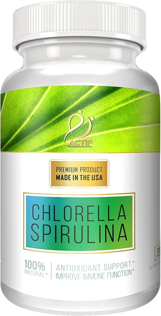 ACTIF 100% Ocean Cleaned Organic Chlorella and Spirulina, Non-GMO, Best Detox and Vegan Diet Supplement, Made in USA - 120 Tablets