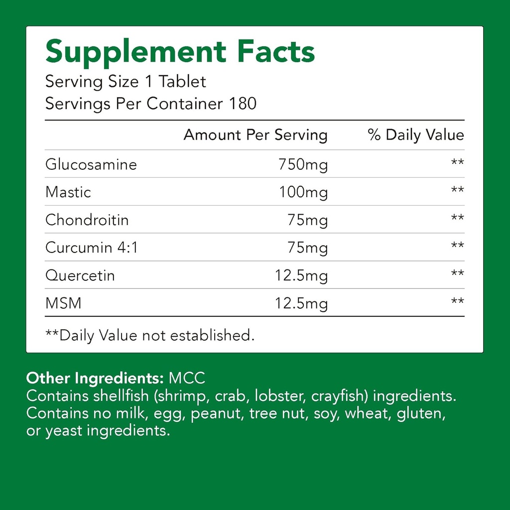 プレミアムグルコサミン+コンドリオチン+ MSM + マスティック+カルクミン(750mg) | 骨と関節の健康(1本入-180カプセル-6mo供給) | ジョイントサポート用ビタミン | ノンGMO&グルテンフリー