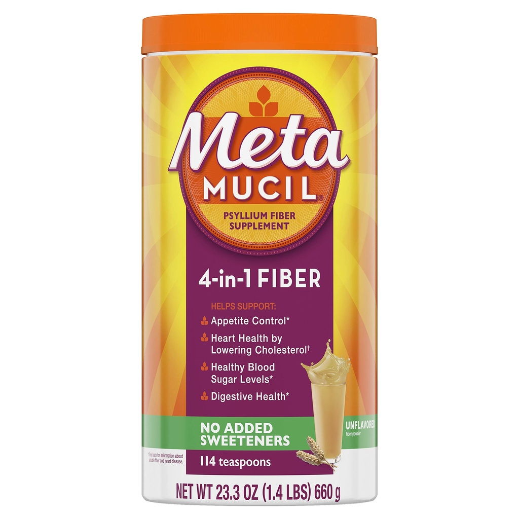 Metamucil繊維、4-in-1ピシリウム繊維の補足、砂糖の自由な粉、風味が悪い飲み物、114のサービング(包装5月Vary)
