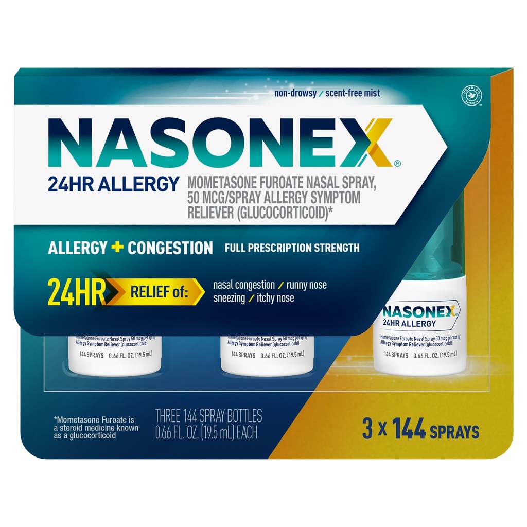 Nasonex 24HRのアレルギーの鼻のスプレー、非眠気、においなしの霧、アレルギーの症状+鼻の混雑、完全な処方強度、120のスプレー(3パック)