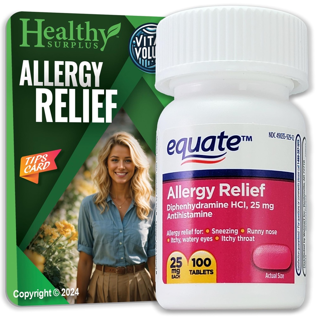 健康なSurplus®のガラスびんの容積はカード及びEquateのアレルギーの救助のDiphenhydramine HCL、25のmg 100のタブレットの束に合います