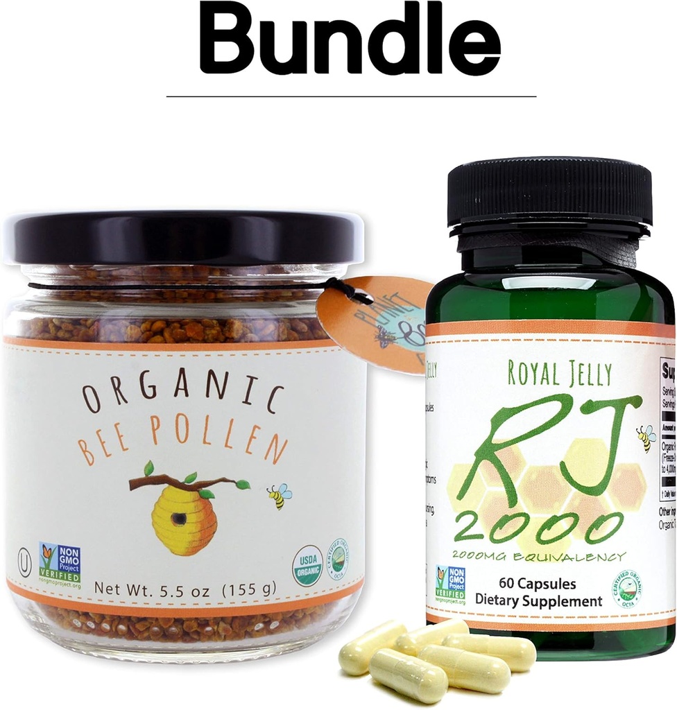 Greenbow Organic Bee Pollen - 100% USDA認定オーガニック、ピュア、ナチュラルビーポーレン - タンパク質、ビタミン、ミネラルを詰めたスーパーフード - 155gロイヤルゼリー2000mg 60キャップ