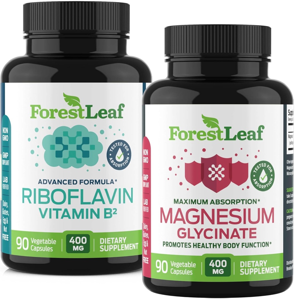 ForestLeaf Riboflavin及びマグネシウムの片頭痛の救助のためのMigraineの補足-Riboflavin 400mg -最終的なマグネシウムのGlycinateは頭痛の片頭痛の軽減のカプセルのためのB2のビタミン400mgと束ねます