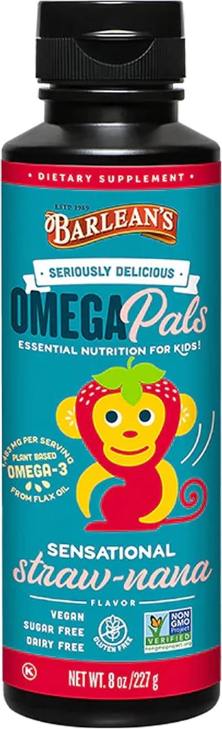 Barlean's Omega Pals Omega 3 for Kids, Yummy Straw-Nana Flavored Children's Liquid Flax Seed Oil Supplement with 1,483 mg ALA, Non-GMO, Vegan Brain and Eye Health, 8 oz