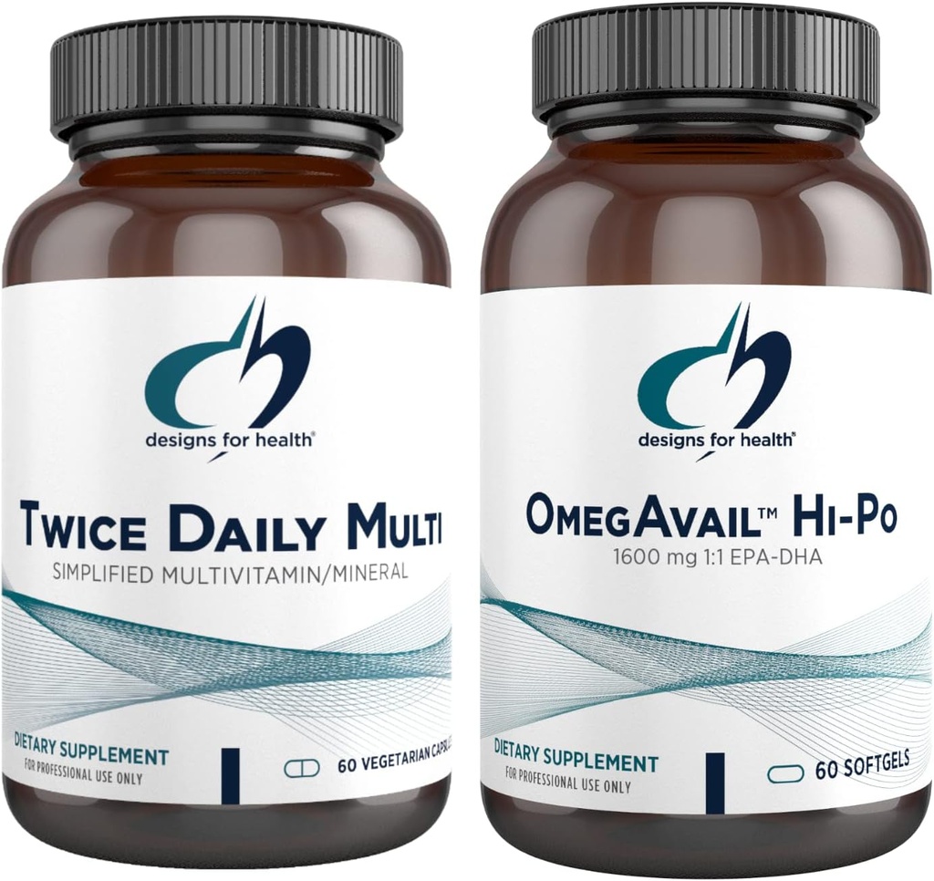 Designs for Health Fish Oil + Multivitamin Bundle - OmegAvail Hi-Po (60 Softgels) EPA DHA TG Omega-3 with Twice Daily Multi (60 Capsules) Premium Multivitamin/Mineral with Active B Vitamins