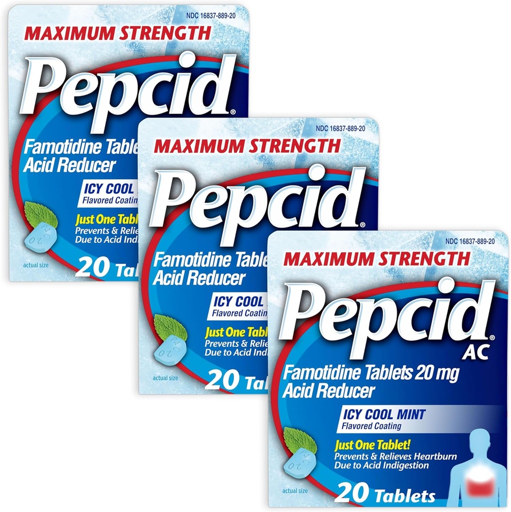 Pepcid AC最高の強さの胸当ての救助のタブレットは、酸の消化不良、20のmgのファモチジン、ICYの涼しいミントの味、Multipack、3 x 20のctによるハートバーン及び酸の還流を防ぎます