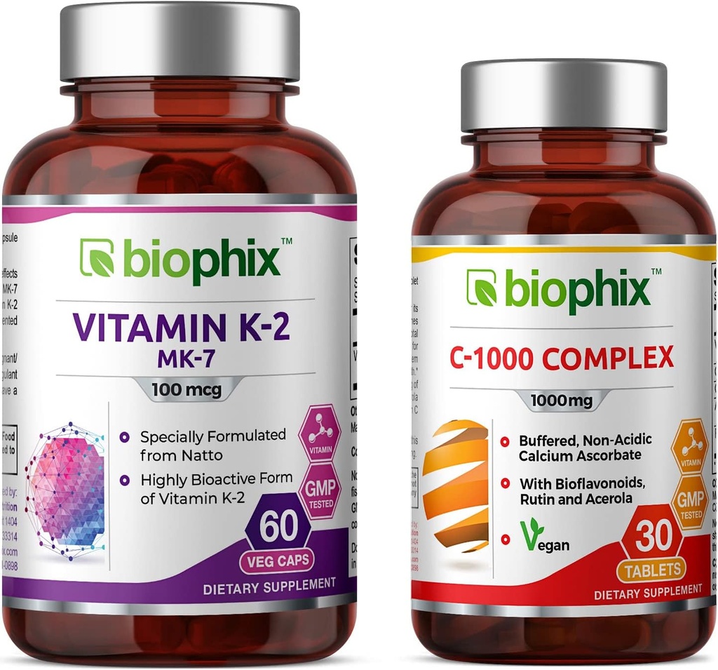 BiophixビタミンK2 MK-7-100 mcg 60 - 無料のビタミンC-1000 30錠 - 強力な骨免疫健康をサポート