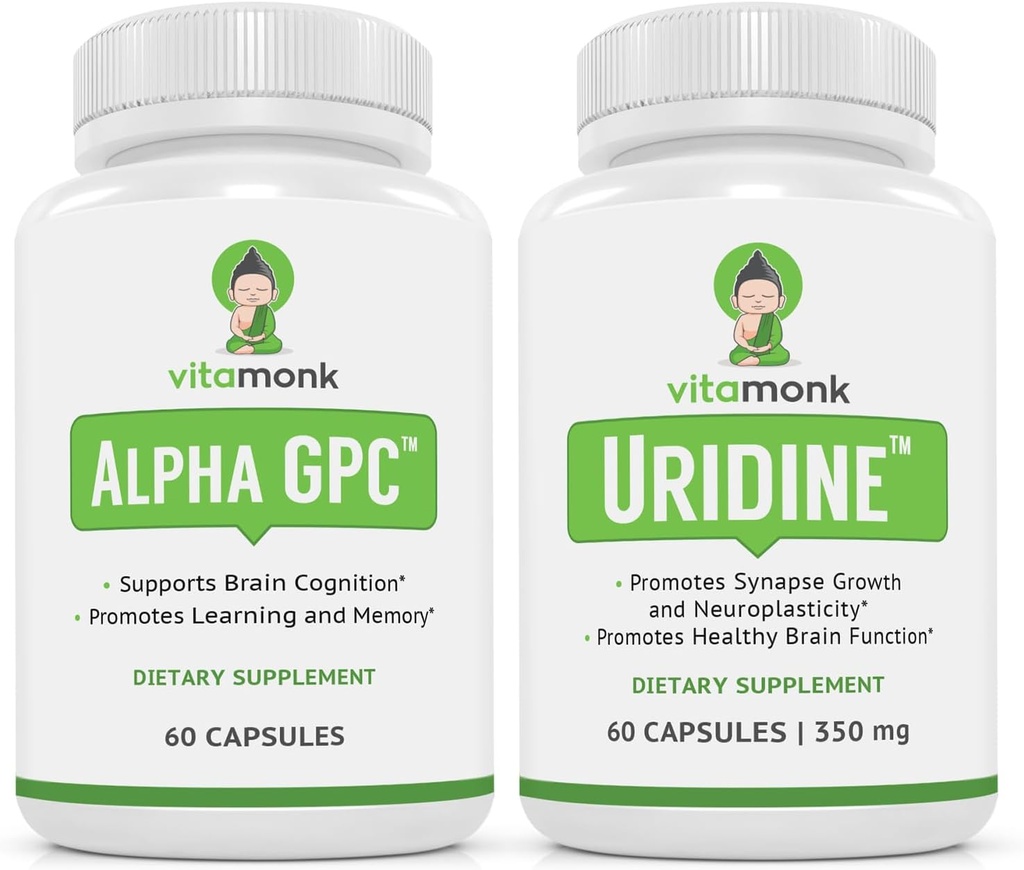VitaMonkアルファGPCとUridine Stack - Mrハッピースタック - 人工フィラーなしの尿モノリン酸塩 - 生物学的に利用可能なコリンサプリメントは、認知、焦点、精神を促進します