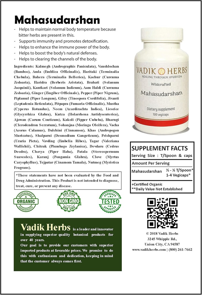 Certified Organic Vadik Herbs Mahasudarshan Powder 1lb. Pack | Supports Immunity and Promotes Detoxification, Helps to Maintain Normal Body Temperature