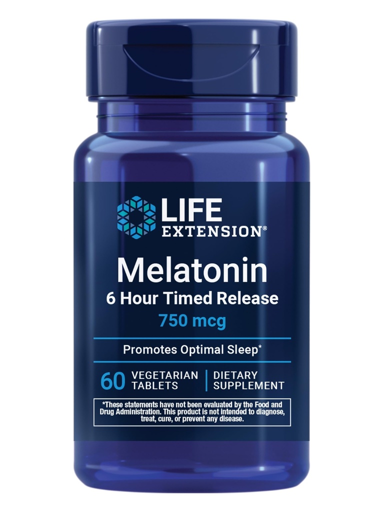 ライフエクステンションメラトニン6時間タイムリリース、750mcg、Gentle Sleep Support、ヘルシーなサーカディアンリズム、セルラー防衛、グルテンフリー、非GMO、ベジタリアン、60錠