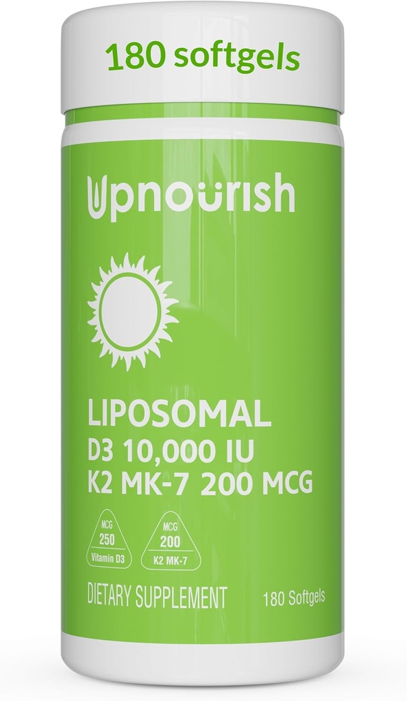 UpNourish Liposomal D3 K2のビタミン10000のIU D3およびK2 MK-7 200のmcg - 180のビタミンD3のk2 (Vitamina D3のcon K2)の小型Softgels -飲みやすいK2 D3のビタミン